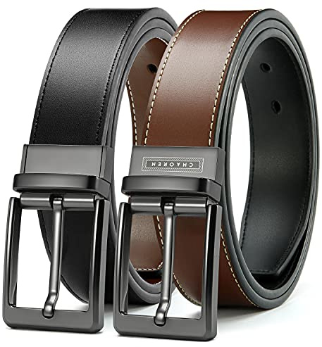 CHAOREN Mens Belt 1 Piece, Reversible Leather Belt for Men Black Brown for Trousers 1 3/8, Rotating Buckle for Double-Sided Use