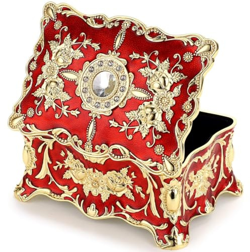 YWHWXB Vintage Metal Jewelry Box,Small Multi-Compartment Treasure Chest Case, Rectangle Trinket Organizer,Earrings Ring Necklace Bracelet Storage Box,Ideal Keepsake Box for Women Girls (Golden Red)