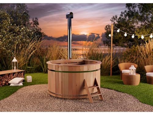 FinnTherm Holz Badefass Bergen, Hot Tub Ø 180 x 110 cm für 5-6 Personen, inkl. Edelstahl-Ofen 22 kW, Einstiegsleiter & Sitzbänken