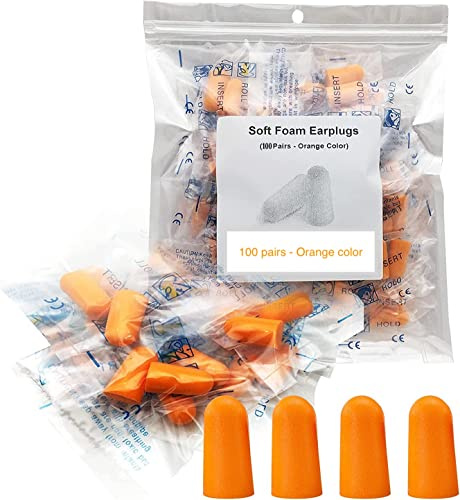 Ear Plug -100 Pairs- Orange Soft Foam Ear Plug 38dB SNR Adult Kids Noise Cancelling and for Sleeping, Snoring, Work, Studying, Loud Noise Sound Blocking Reduction Earplugs Poly Bags