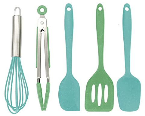Fackelmann 44737 set med 5 köks- och bakredskap för barn, köksredskap i silikon, barn, silikon, grön, blå, ca 21 cm