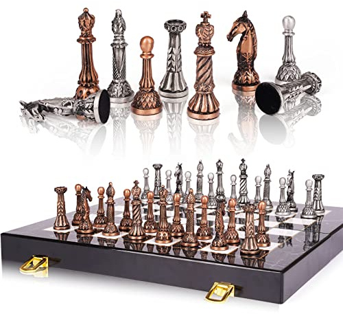 Retro Metal Chess Set for Adults and Kids – Marbling Chess Board with Chess Pieces – Travel Chess Set with Metal Pieces – Folding Chessboard – Ideal for Beginners and Professional Players