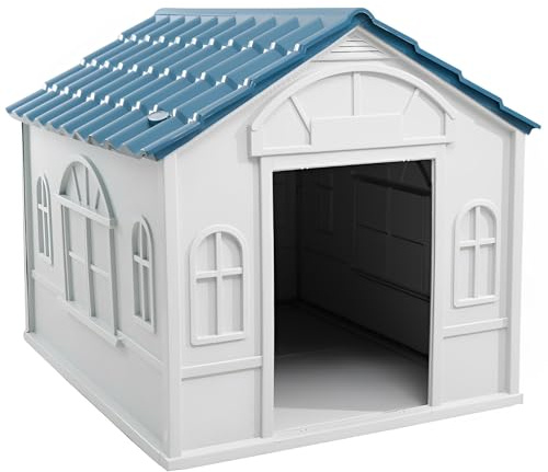 Lanco - Caseta para Perros Pequeños y Medianos. Uso Interior y Exterior con ventilación. Material Resistente. 75x65x63cm. Azul y Blanco.