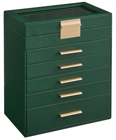 SONGMICS Schmuckkästchen, Schmuckkasten mit 6 Ebenen, Schmuckbox mit Glasdeckel, 5 Schubladen, für Sonnenbrillen, große Schmuckstücke, Schmuckaufbewahrung, modern, waldgrün-golden JBC171C01