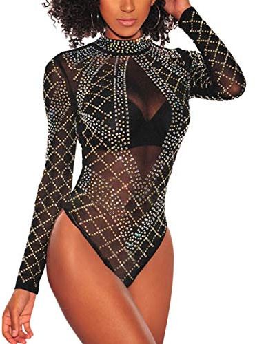 MAYFASEY Damen Sexy Mesh Langarm Strass Trikot Top Jumpsuits Clubwear Body, Schwarz, XXL