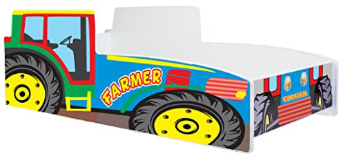 KOBI Kinderbett mit Rausfallschutz Bauernhof | Mehrfarbiger Traktor | 140 x 70 cm | Jugendbett mit Matratze | Kinderbetten Jungen Mädchen | Einzelbett Kinder Bett Autobett