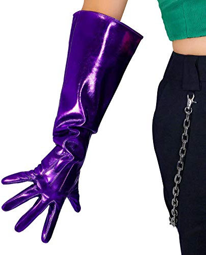DooWay Long Leather Gauntlet Gloves Oversized Puff Sleeves for Cosplay Costume Party, Metallic Purple, Large