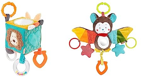 Fehn Motorikwürfel Funky Friends - Motorikspielzeug Baby Aktivitätswürfel & Activity-Spieltier Fledermaus – Baby Motorikspielzeug für Kinderwagen