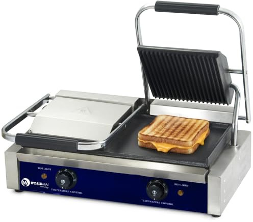 MBH – Grill Eléctrico Profesional WORLDMAI Mixto (Liso/Acanalado) Doble 58x41 cm para la Hostelería. Plancha Sandwichera Panini de Contacto para Bar y Restaurante