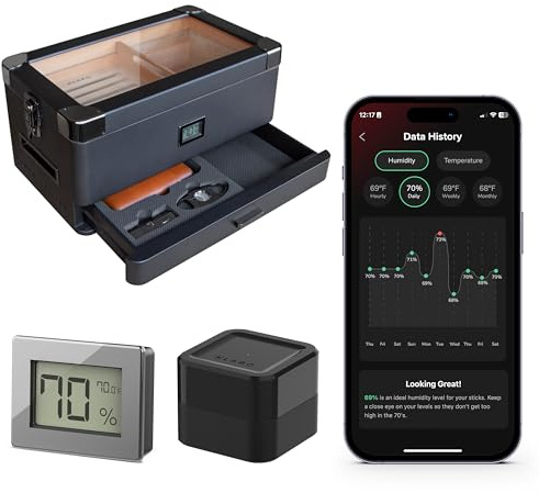 CASE ELEGANCE Military Glass Top Humidor with Thick Cedar, Includes Klaro Valet BLE Digital Hygrometer + WiFi Bridge for Remote Monitoring Humidity & Temperature, iOS & Android App - Black