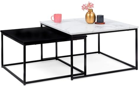 IDMarket - Set aus 2 quadratischen Alaska Couchtischen 60/70 mit Marmor- und Schwarzeffekt und Metallbeinen