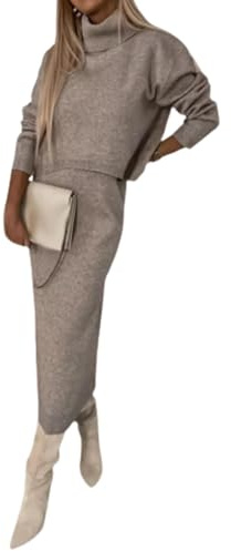NOTRYA Ensemble Robe Midi et Pull à col Roulé, Ensemble Jupe Femme 2 Pièce Tricotée Ensembles Uni Manches Longues Pullover Haut et Jupe Tricoté (L,Khaki)