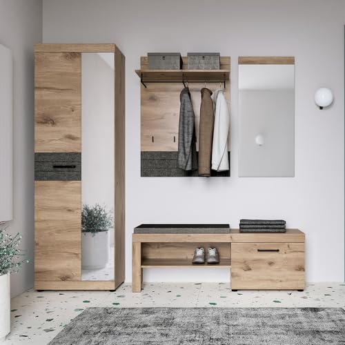 Lomadox Garderoben Set 4-teilig mit Hochschrank Sitzbank Wandpaneel und Spiegel in Eiche Viking
