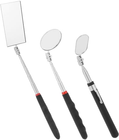 QWORK® Set di Specchio telescopico di ispezione, 3 Pezzi, rettangolari, Rotondi e ovali, girevoli a 360 Gradi, Maniglie estensibili, per l'ispezione dei Veicoli