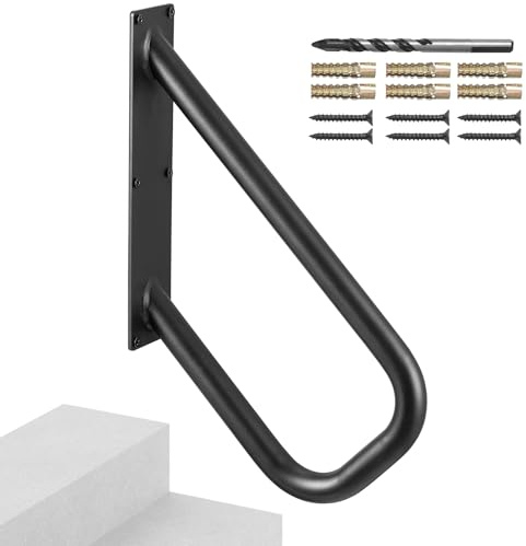 VEVOR Pasamanos de Escalera para Escalones Exteriores 480 mm Barandilla de Seguridad Montado en Pared para 1-2 Escalones Acabado Negro Mate para Personas Mayores, Embarazadas, Discapacitadas