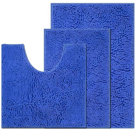 COMPOLICY PLACEROOM Bathroom Mat Set of 3, Bath and Toilet Mat Set,Ultra Soft Chenille Bath Mat Non Slip,Bath Mat Sets 3 Piece Washable,Super-Absorbent Bath(Denim Blue bath set)