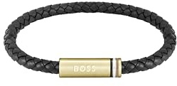 BOSS Jewelry ARES singel kollektion armband med svart läder och guld rostfritt stål stängning - 1580624, En storlek, Läder, Ingen ädelsten