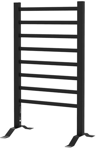 HOMCOM Scaldasalviette Elettrico da Terra o Parete 150W, Portasciugamani Riscaldato in Lega di Alluminio con 8 Barre e Timer da 2 o 4 Ore, Resistente all'Acqua, 53x35x90 cm, Nero