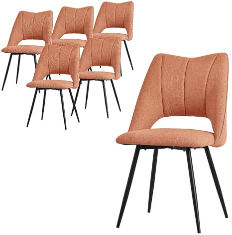 ML-Design matstolar set om 6 orange polyester klädda sitsar ben i svart metall stolar med ryggstöd för kök och vardagsrum stoppade stolar för matsal kök eller kontor komfortabla fåtöljer