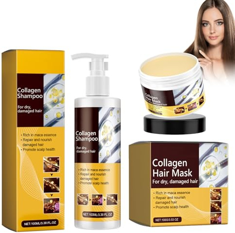 2pcs Cuidado del cabello con colágeno, 100ml Champú de Colágeno y Mascarilla Capilar con Colágeno, Suaviza y da brillo, Mejora las puntas Encrespadas y Secas,shampoo