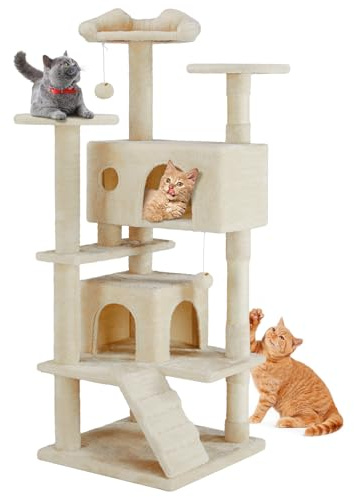 Sweetcrispy 54-Inch Cat Tree Tower – Multi-Level with Sisal Scratching Post, Perfect Pet Gift, Indoor Condo with Climbing Ladder, Plush Toy, and More Animal Stuff, Beige