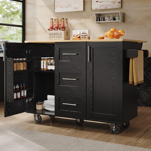 KAZZIO Isola da cucina, divisori rimovibili, ruote rimovibili come mobili da cucina, carrello da pranzo con banco da lavoro, buffet, carrello da pranzo con venature del legno, portasciugamani laterale