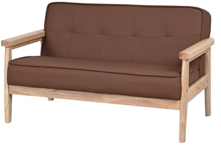 Yoonnie room Double Seater Kid Sofa Chair, Kid Couch with Solid Wood Armrest and PU Leather for Kids Rest (Brown)