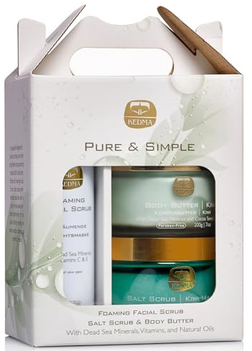 Kedma - Pure & Simple Kit - Kroppssmör, Saltskrubb, Skummande Gel - Återfuktning och Rengöring för Torr Hud - 500g + 200g + 180g
