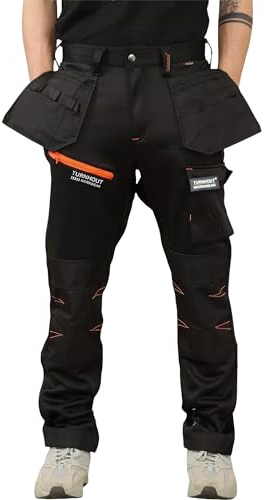 Turnhout Mens Safety Cargo Combat Workwear Water Resistant Work Trousers Knee Pad Pockets Working Pants Durable Super Stretch Jogger Multiple Storage Pockets, Black, 36W