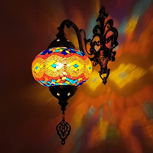 GAUUA Turkish Moroccan Mosaic Wall Sconce Lamp, Handmade Tiffany Style Glass Globe With Colorful Hand Cut Glass Mosaics And Glass Beads