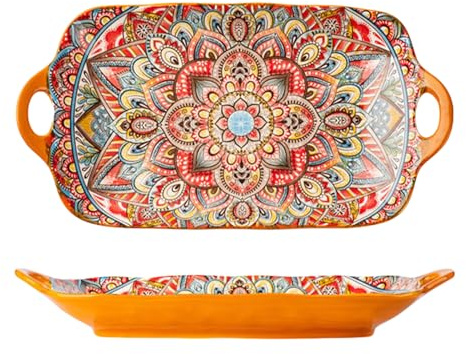 Mafagwre Porcelain Serving Platters with Handles, Bohemian Ceramic Plate, 12 Inch Rectangle Large Serving Plates, Appetizer Plate, Sushi Platters with Handles, Corlorful Serving Bowls for Kitchen (C)