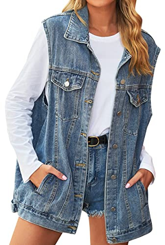 Generisch Veste en jean sans manches pour femme - Noir - Grandes tailles - Gilet en denim avec boutonnière - Veste de transition élégante - Vestes en jean destroyed - Veste sans manches - Veste de