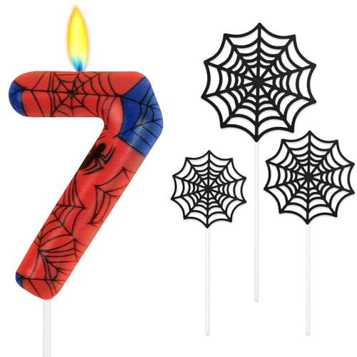 Alaoo Spindelnät siffror 7, spindeltema födelsedagsljus, blåröda ljus med spindelnät, tårttoppning dekoration, för pojkar spindlar motto födelsedagsfest halloween festtillbehör