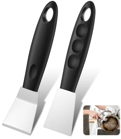 2 Pcs Small Stainless Steel Metal Scraper, Oven Scraper, Anti-Slip Handle, Heavy Duty Paint Remover Scrapers Tool (Straight + Bending)