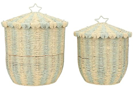WAHEWUD - Juego de 2 cestas de mimbre tejidas a mano con tapas, redondas, para baño, lavandería, guardería, color marrón, decorativas, con tapa, para organizar ropa y juguetes