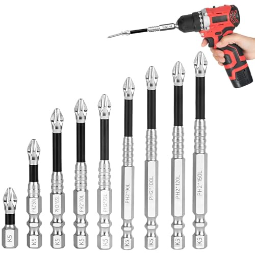 9PCS High Magnetic Screwdriver Drill Bit Set Anti-Slip Impact Electric Drills Bits Kit Strong Durability Screw Drilling Bits Precision Driver Sets Contain 25 50 65 70 75 90 100 120 150mm