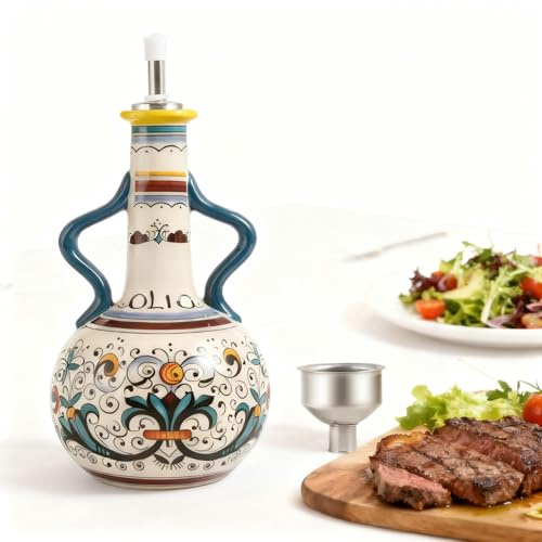 Thaibna Dispensador de aceite de oliva de cerámica, 680 ml, recipiente grande para la cocina, recipiente para aceite y vinagre con caño de acero inoxidable, dispensador de aceite con mango, recipiente