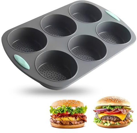 MXGHIR Burger Buns Backform Silikon, 10cm Ø Brötchen Backform Rund | 6-Loch-Design, für Burger Buns, Brot, Muffins, Antihaft & Leicht zu Entformen (38.5x23.7x3.8cm, Grau)