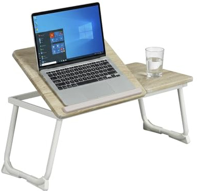 Meuble Cosy Table de lit Tablette pour Prdinateur Portable Plateau Réglable Petit Bureau Nomade Support PC, Chêne + Blanc