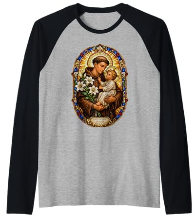 Sant'Antonio di Padova Prega per Noi Sacro Mosaico Arte Fede Maglia con Maniche Raglan