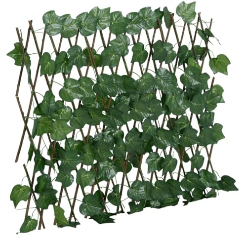 Mhdvray Treillis de Feuille de Vigne Artificiel Extensible 190x60 cm, Haie de Jardin Bois et PVC pour Brise-vue et Décoration Murale, Clôture Extérieure avec 130 Feuilles Vertes