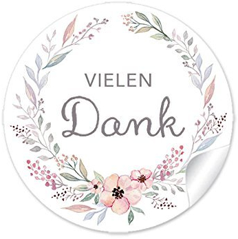 72 STICKER Vielen Dank PASTELLFARBEN mit Blütenkranz um Danke sagen für Gastgeschenke, Hochzeitsmarmelade. 4 cm, rund, matt
