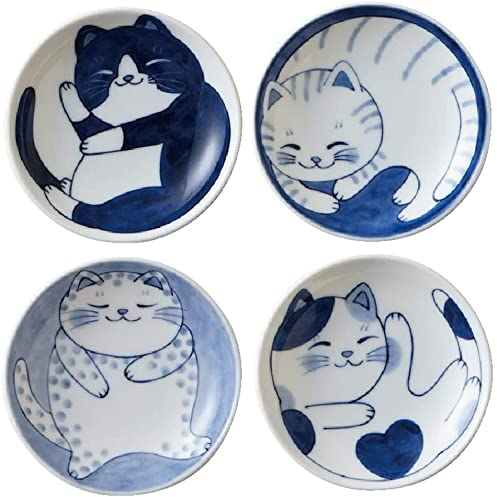 Mino Ware Set of 4 Japanese Ceramic Plates Cute Cats Appetizer Dessert Sushi Sauce 10 x 2 cm