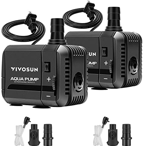 VIVOSUN 2-pack 210GPH Submersible Pump(800L/H, 8W), Ultra Quiet Water Pump with 3.3ft High Lift, Fountain Pump with 5ft Power Cord, 2 Nozzles for Fish Tank, Pond, Aquarium, Statuary, Hydroponics