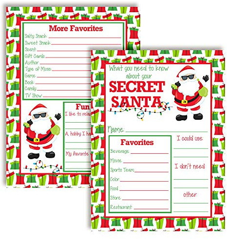 Secret Santa Christmas Gift Idea Fill-In Cards 10 Pack 5x7 Double Sided Holiday Game Cards for Gift Exchange Parties, Secret Santa Wishlist, Fun Festive Design, Made in USA by Amanda Creation