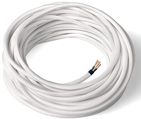Amarcords - Cavo elettrico tessile colore BIANCO, tondo, seta, 1 metro, con messa a terra 3x0,75mm - Filo rivestito in tessuto colorato vintage per lampade lampadari applique e abat jour.