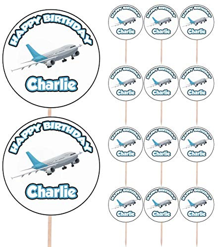AK Giftshop Personalised Aeroplane Birthday Food & Cupcake Toppers Picks Flags Party Decorations - (pack of 14)