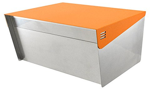 KATANABOX Wide DR - Extra Large Stainless Steel Post Mount Modern Design Mailbox with Lock and Key, Mid Century Secure Letterbox, Double Door Rear Access, 12 x 15 x 8 (Orange)