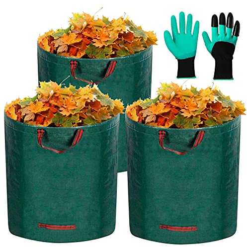 Sacchi da Giardinaggio, 3 x 272L per Rifiuti da Giardino, Impermeabile con 4 Manici+1 Paio di Guanti da Giardinaggio per Foglie