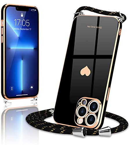 Wirvyuer Handyband Kompatibel mit iPhone 13 Pro Max Handyhülle Necklace Hülle mit Band zum Umhängen Kameraschutz Liebesherz Schutzhülle mit Kordel Silikon Umhängetasche für iPhone 13 Pro Max Schwarz